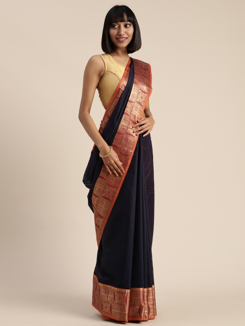 

Satrani Navy Blue Polycotton Solid Kanjeevaram Saree