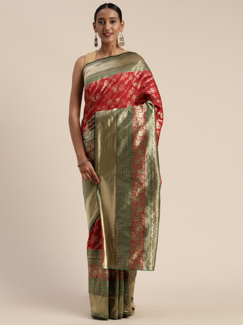 

Satrani Red & Gold-Toned Poly Silk Woven Design Kanjeevaram Saree