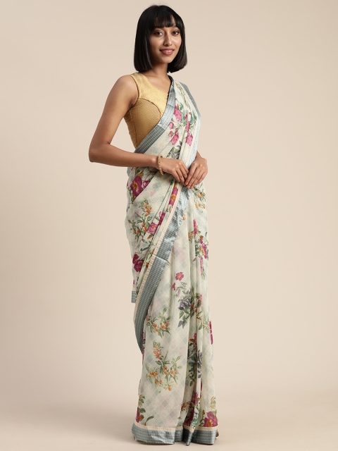 

Satrani Off-White & Green Pure Georgette Printed Saree