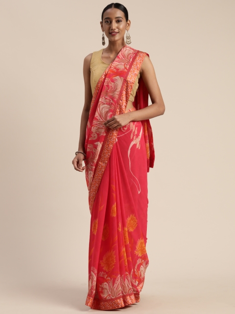 

Satrani Coral Pink Floral Printed Pure Georgette Saree