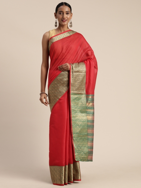 

Satrani Red Polycotton Solid Kanjeevaram Saree