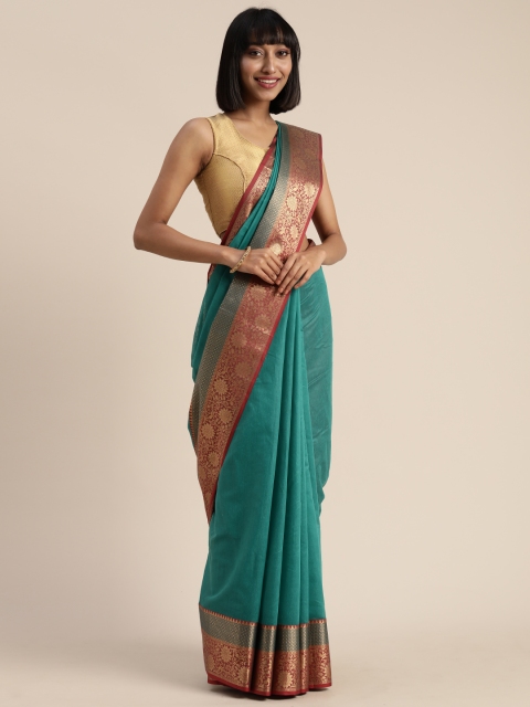 

Satrani Green Polycotton Solid Kanjeevaram Saree