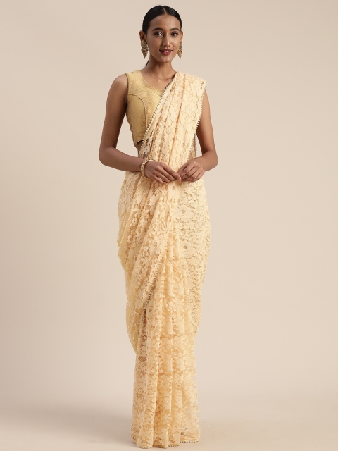 

Satrani Cream-Coloured Woven Design Net Laced Saree