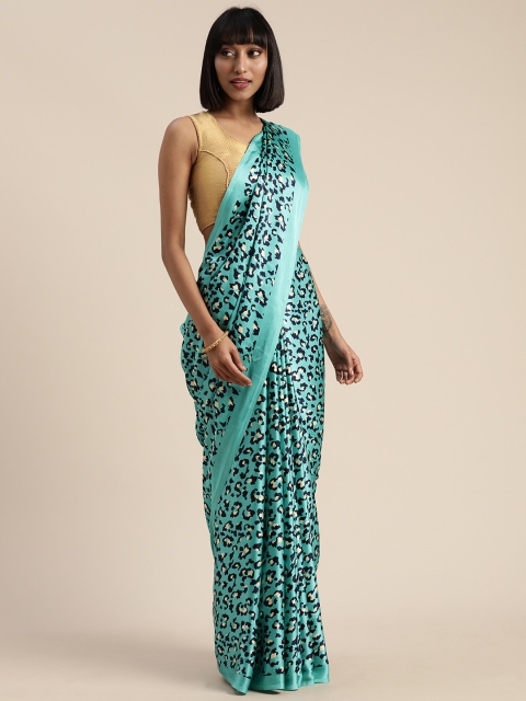 

Satrani Turquoise Blue & Black Satin Printed Saree