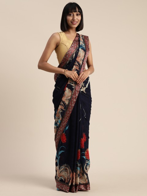 

Satrani Navy Blue Printed Pure Georgette Saree