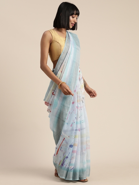 

Satrani Blue Printed Pure Linen Saree