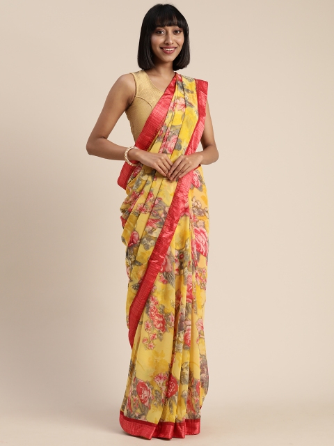 

Satrani Yellow & Orange Pure Georgette Floral Printed Saree