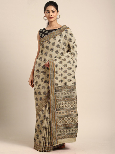 

KALINI Beige & Black Pure Cotton Printed Saree