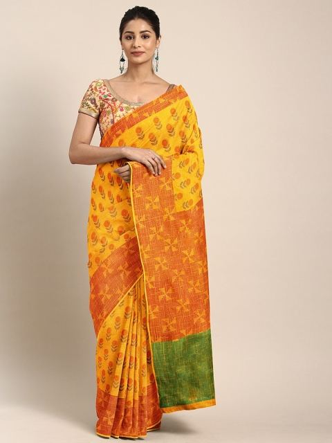 

KALINI Mustard Yellow & Orange Pure Cotton Floral Printed Saree