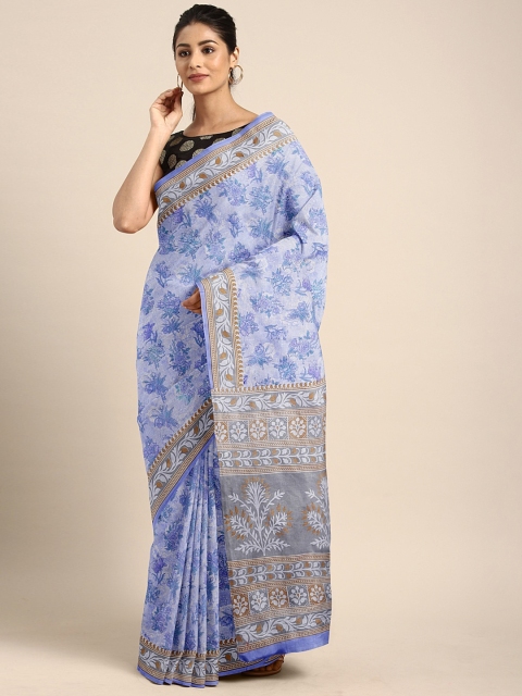 

KALINI Blue Floral Printed Pure Cotton Saree