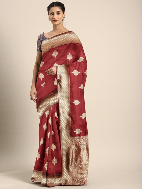 

KALINI Maroon & Gold-Toned Poly Silk Woven Design Banarasi Saree