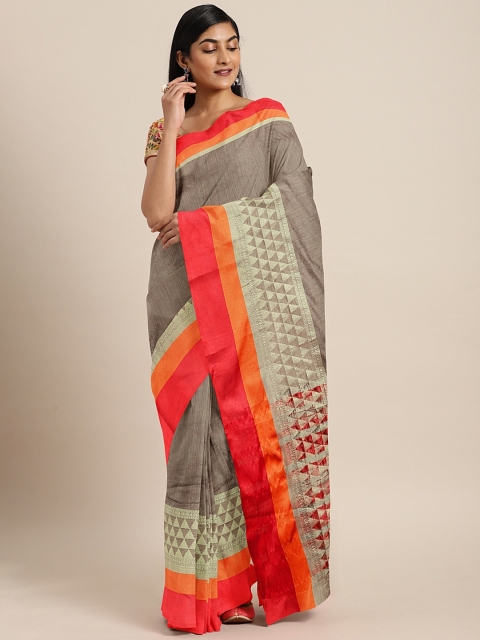 

KALINI Grey & Orange Polycotton Solid Banarasi Celebrity Saree