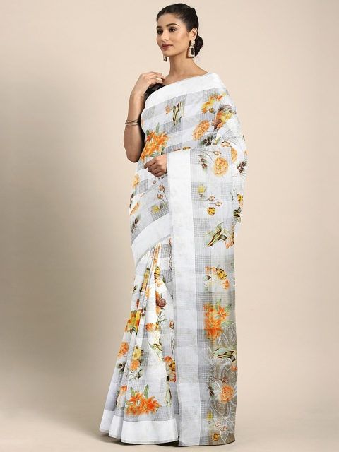 

KALINI White & Grey Poly Silk Floral Printed Saree