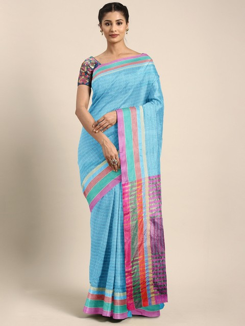

KALINI Blue & Purple Silk Blend Striped Kanjeevaram Saree
