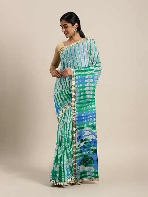 

KALINI Green & Blue Pure Georgette Shibori Striped Celebrity Saree