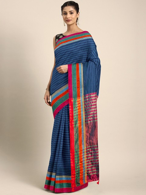 

KALINI Navy Blue & Pink Silk Blend Striped Kanjeevaram Celebrity Saree