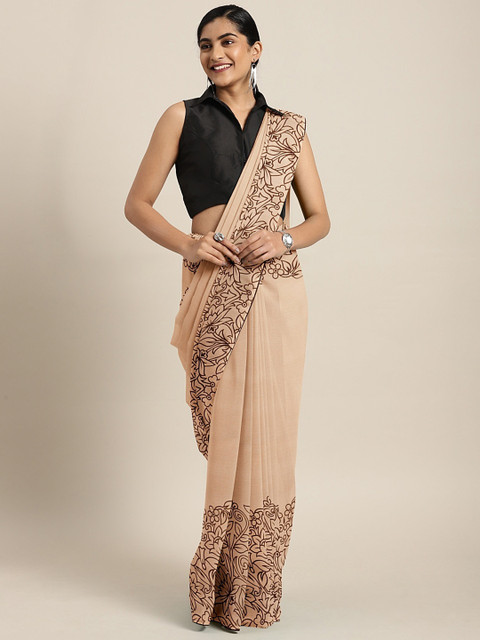 

KALINI Beige Solid Pure Chiffon Saree