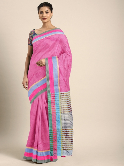 

KALINI Pink Silk Blend Solid Kanjeevaram Saree