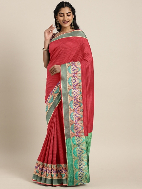 

KALINI Red & Green Silk Blend Striped Maheshwari Saree