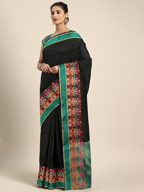 

KALINI Black & Green Silk Blend Striped Maheshwari Saree