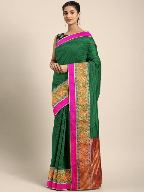 

KALINI Green & Pink Silk Blend Striped Maheshwari Celebrity Saree