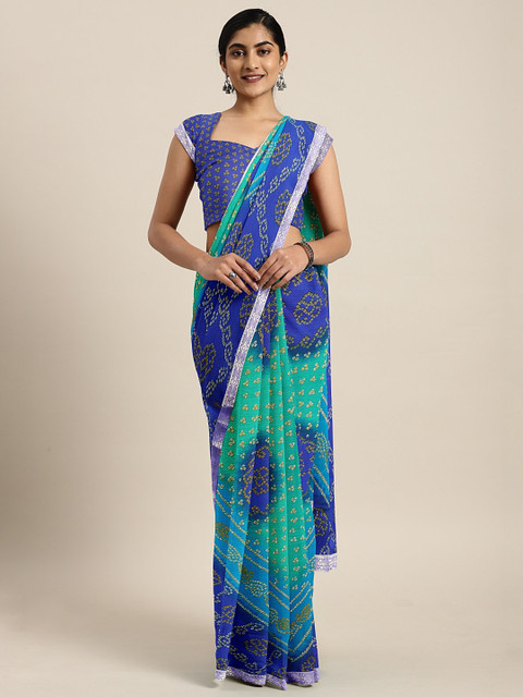 

KALINI Navy Blue & Sea Green Pure Chiffon Printed Bandhani Saree