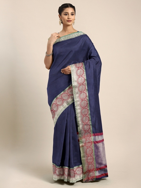 

KALINI Navy Blue Poly Silk Solid Banarasi Saree