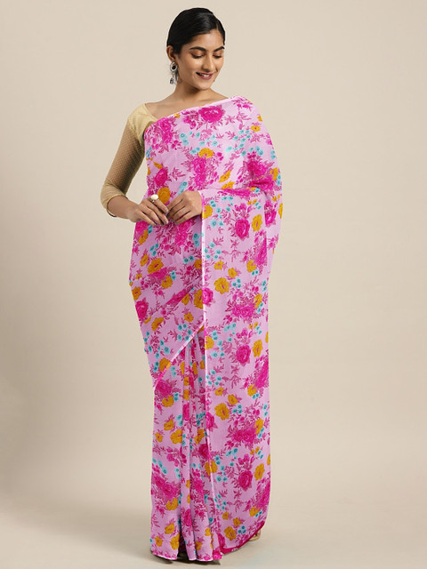 

KALINI Pink & Mustard Yellow Pure Georgette Floral Printed Saree