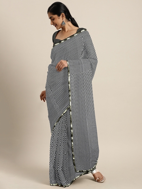 

KALINI Black & White Pure Chiffon Striped Leheriya Saree