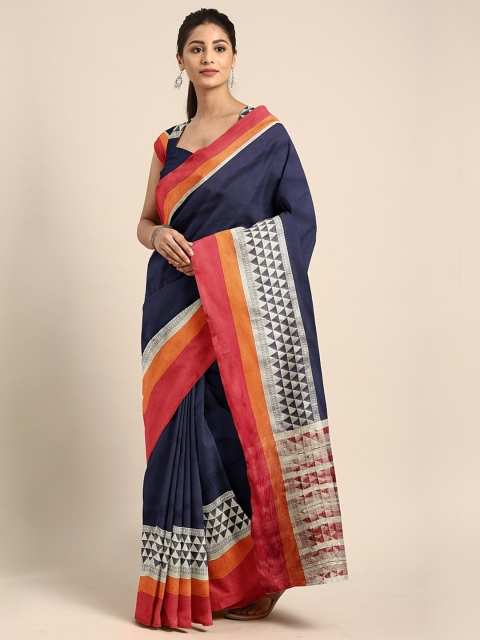 

KALINI Navy Blue Polycotton Solid Banarasi Saree