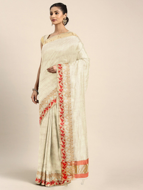 

KALINI Cream-Coloured & Red Silk Blend Solid Banarasi Saree