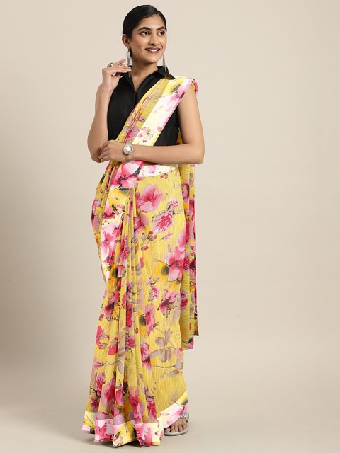 

KALINI Yellow & Pink Polycotton Floral Printed Celebrity Saree