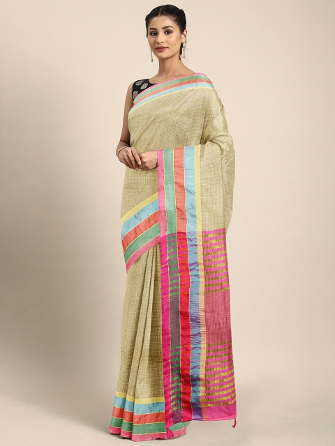 

KALINI Beige Silk Blend Striped Kanjeevaram Saree
