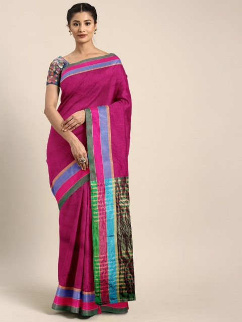 

KALINI Pink & Blue Silk Blend Solid Kanjeevaram Saree