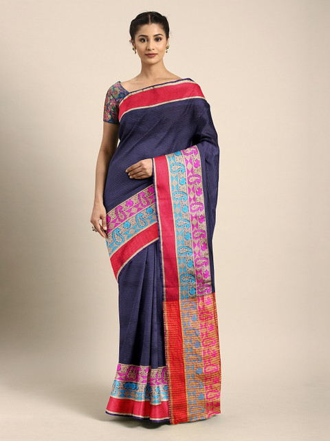 

KALINI Navy Blue Silk Blend Striped Maheshwari Saree