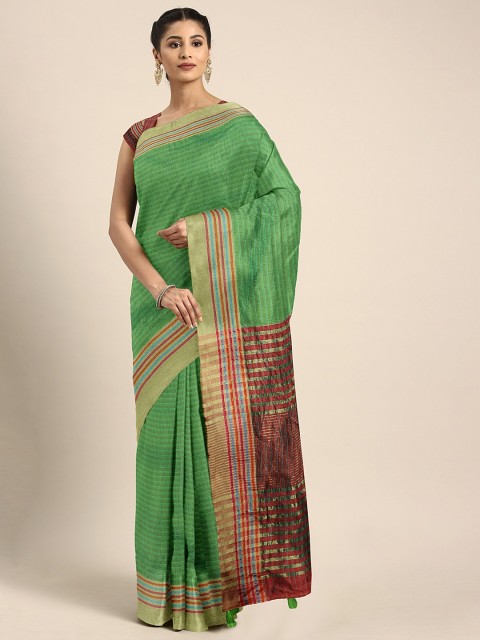 

KALINI Green & Brown Silk Blend Striped Kanjeevaram Saree
