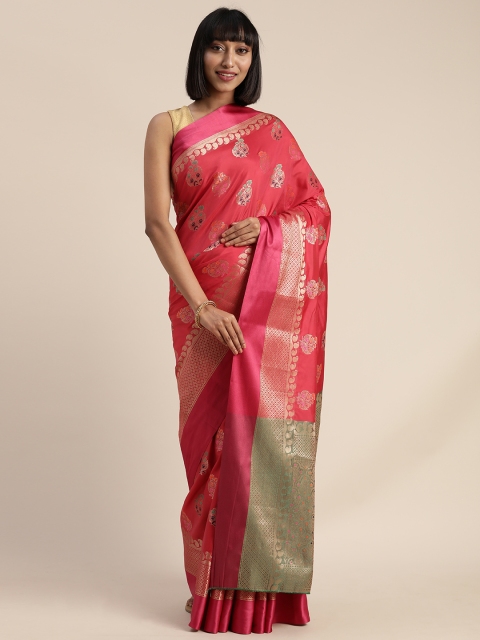 

Mitera Pink & Gold-Toned Poly Silk Woven Design Banarasi Saree