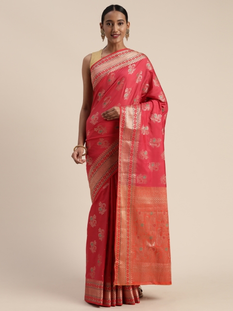 

Mitera Coral Pink & Gold-Toned Poly Silk Woven Design Banarasi Saree