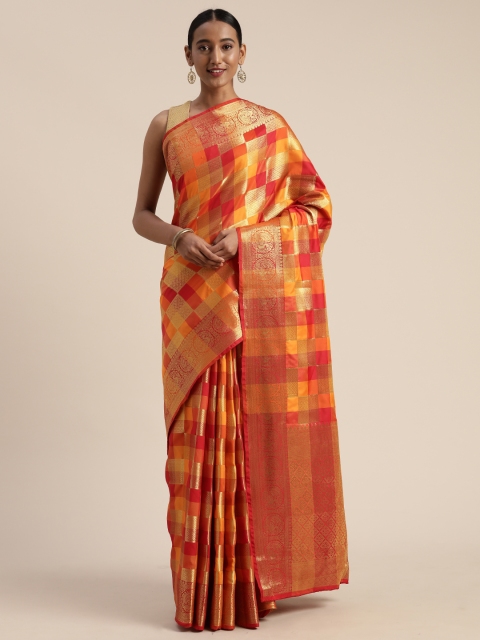 

Mitera Orange & Gold-Toned Poly Silk Woven Design Paithani Saree