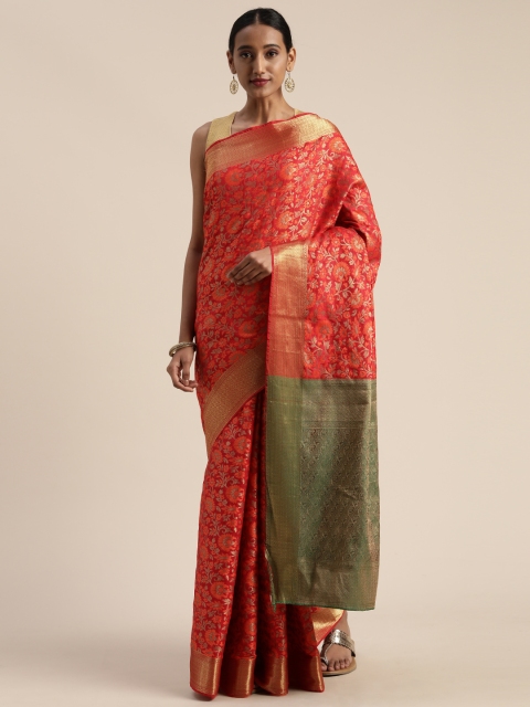 

Mitera Red & Gold-Toned Poly Silk Woven Design Banarasi Saree