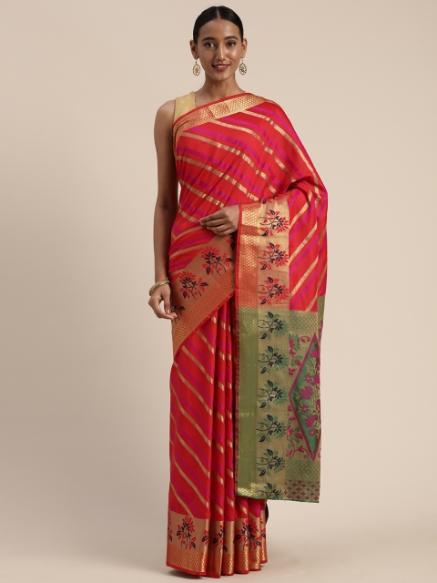 

Mitera Red & Gold-Toned Poly Silk Striped Leheriya Saree