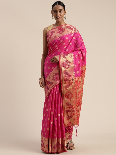 

Mitera Pink & Gold-Toned Poly Silk Woven Design Paithani Saree