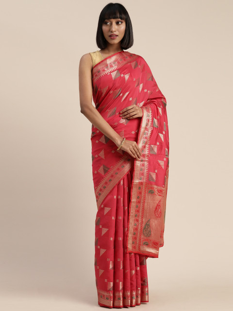 

Mitera Pink & Gold-Toned Poly Silk Woven Design Banarasi Saree