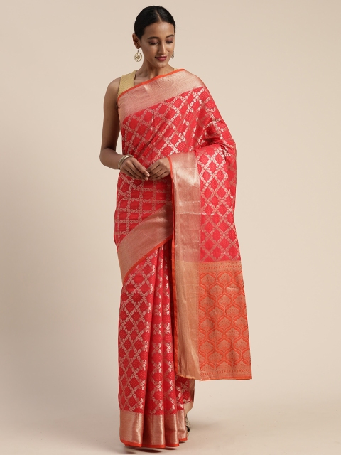 

Mitera Red & Gold-Toned Poly Silk Woven Design Patola Saree