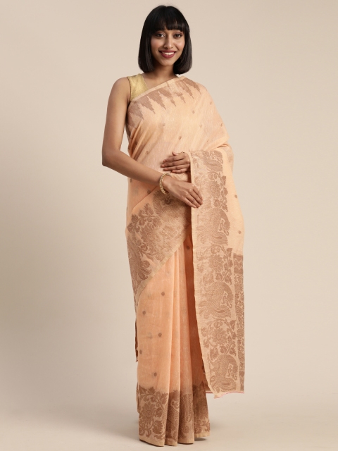 

Mitera Peach-Coloured & Golden Cotton Blend Woven Design Paithani Saree