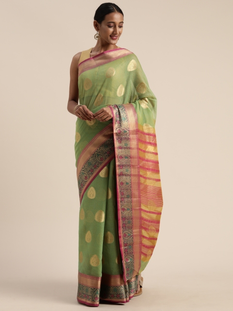 

Mitera Green & Gold-Toned Polycotton Woven Design Banarasi Saree