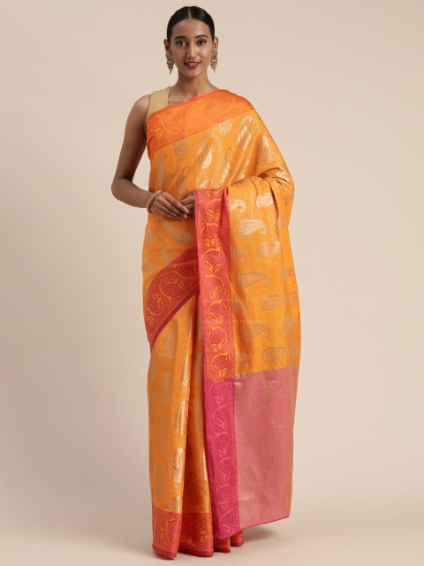 

Mitera Mustard Yellow & Pink Poly Silk Woven Design Banarasi Celebrity Saree