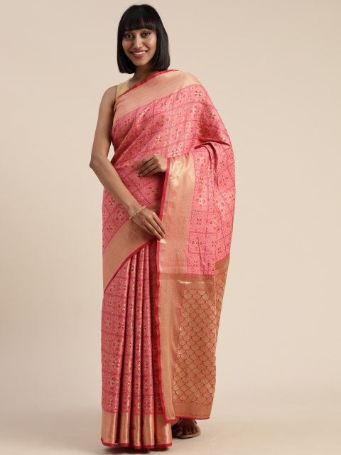 

Mitera Pink & Gold-Toned Poly Silk Embellished Patola Saree