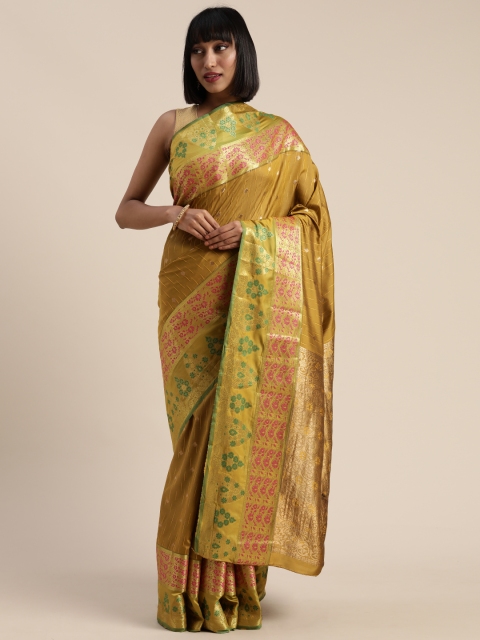 

Mitera Olive Green & Golden Poly Silk Woven Design Kanjeevaram Saree