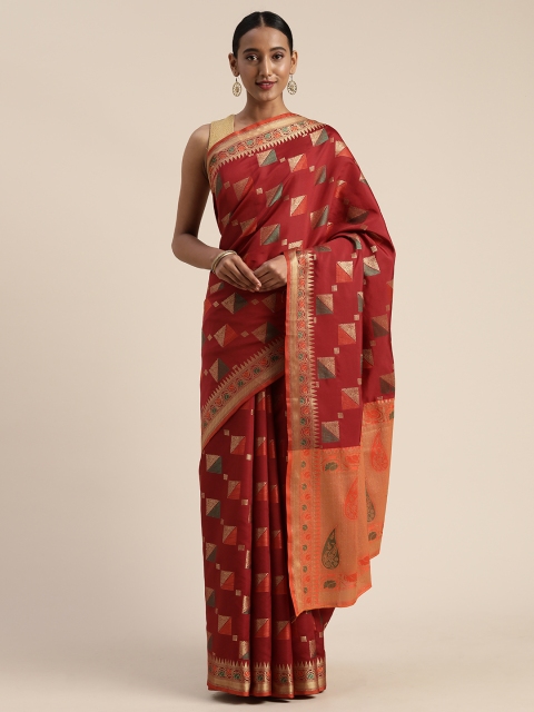 

Mitera Maroon & Orange Poly Silk Woven Design Banarasi Saree